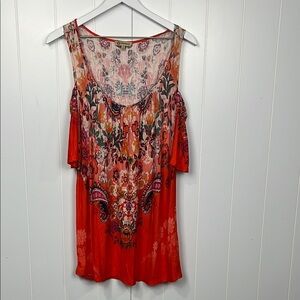 Democracy Womens Tunic/Tank L Orange White Cold Shoulder Floral Print Loose EUC
